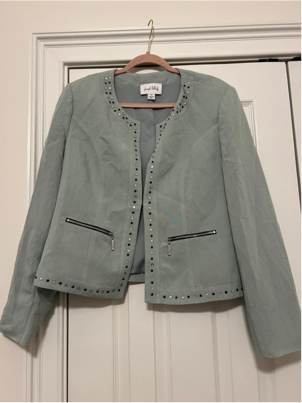 Women's Joseph Ribkoff Studded Blazer Jacket Size L Green Silver